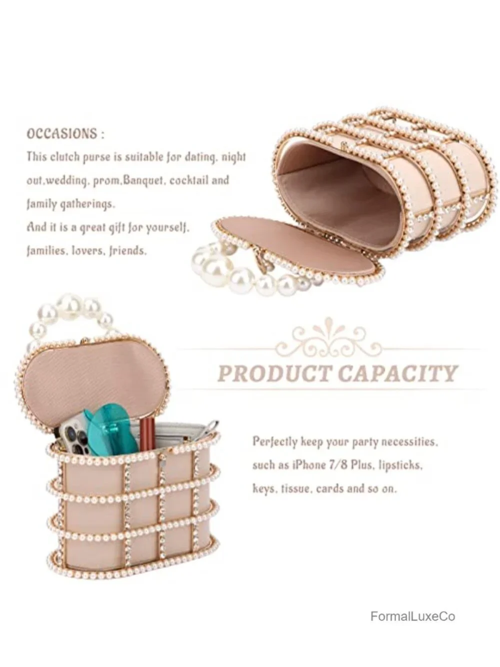 Metal Crystal Bucket Evening Clutch Pearls Wristlet Wedding Prom Party Purse
